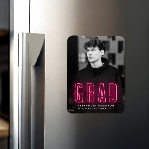 Modern Hot Pink Neon Vertical Photo Graduation Magnet