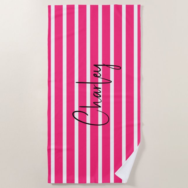 Modern Hot Pink Personalized II Beach Towel (Front)
