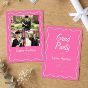 Modern Hot Pink Photo Collage Graduation Invitation