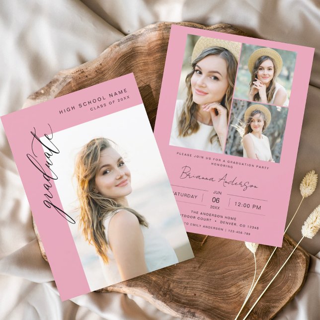 Modern Hot Pink Photo Graduation Party Invitation (Creator Uploaded)