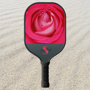 Modern hot pink rose with name Pickleball Paddle