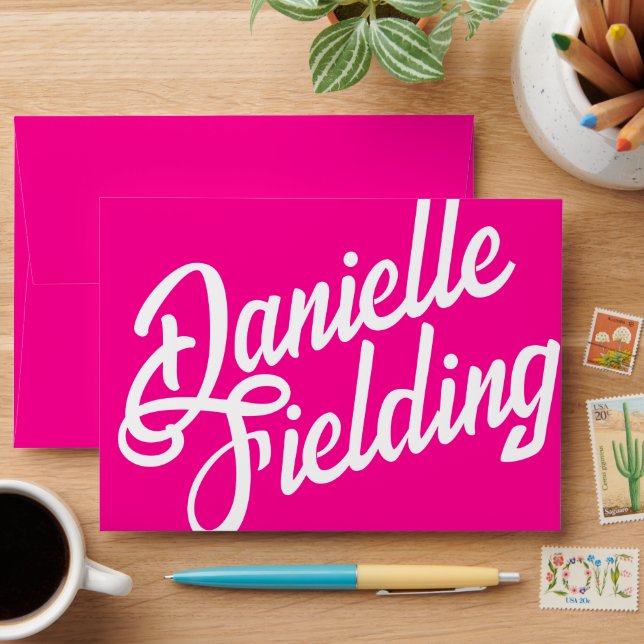 Modern Hot Pink Script Trendy First Last Name Envelope (Desk)