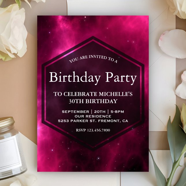 Modern Hot Pink Space Galaxy Birthday Party Invitation (Creator Uploaded)