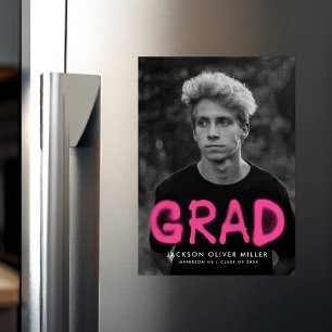 Modern Hot Pink Spray Paint Photo Graduation Magnetic Invitation