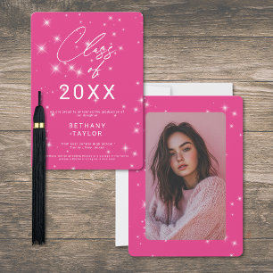 Modern Hot Pink & White Sparkle Graduation Announcement