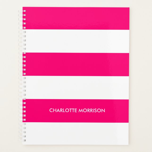 Modern hot pink white stripes custom name monogram planner (Front)