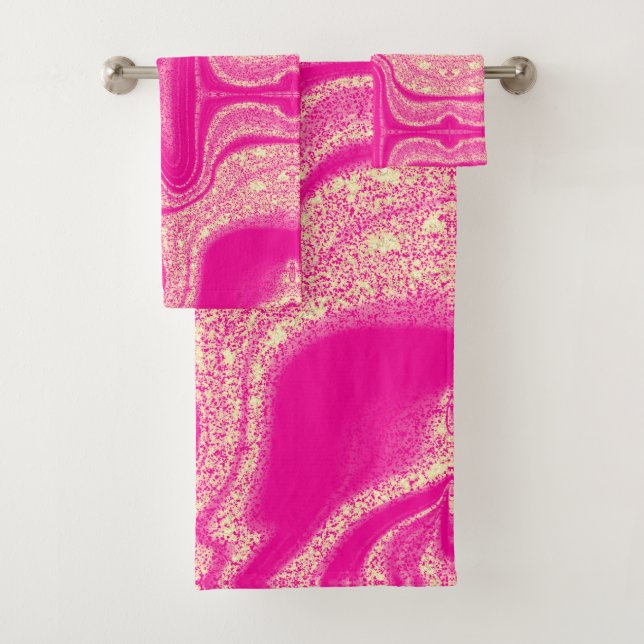 Modern hot pink yellow abstract marble pattern bath towel set (Insitu)