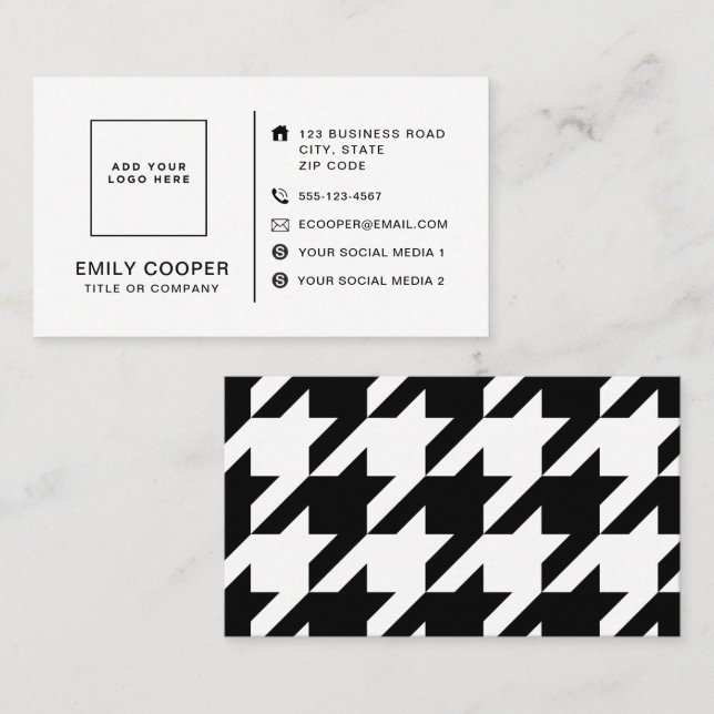 Modern Houndstooth Add Logo Black and White Business Card (Front/Back)