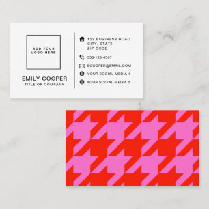 Modern Houndstooth Add Logo Neon Pink and Red Business Card