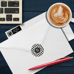 Modern Houndstooth Black & White Monogram Classic Round Sticker