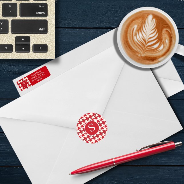 Modern Houndstooth Cherry Red & White Monogram Classic Round Sticker (Creator Uploaded)