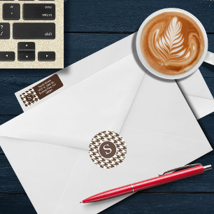 Modern Houndstooth Dark Brown & White Monogram Classic Round Sticker