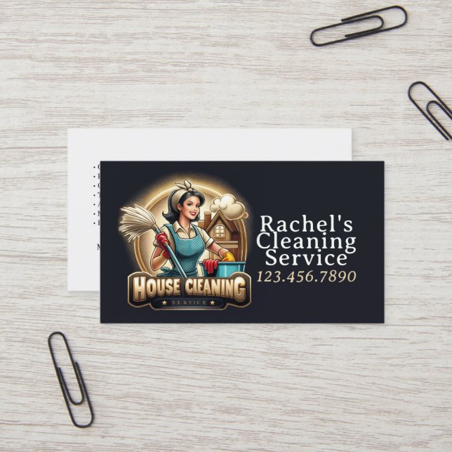Modern House Cleaning Maid Service Housekeeping Business Card (Front/Back In Situ)