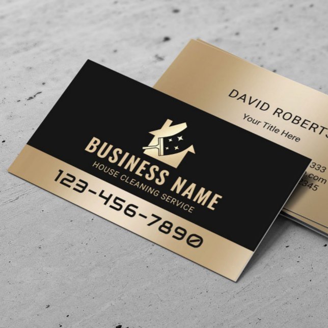 Modern House Cleaning Service Black & Gold Business Card (Creator Uploaded)