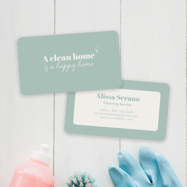 Modern House Cleaning Service Dusty Green Maid  Business Card (Muted colors showcase your sparkly clean personality with these cute new business cards!)