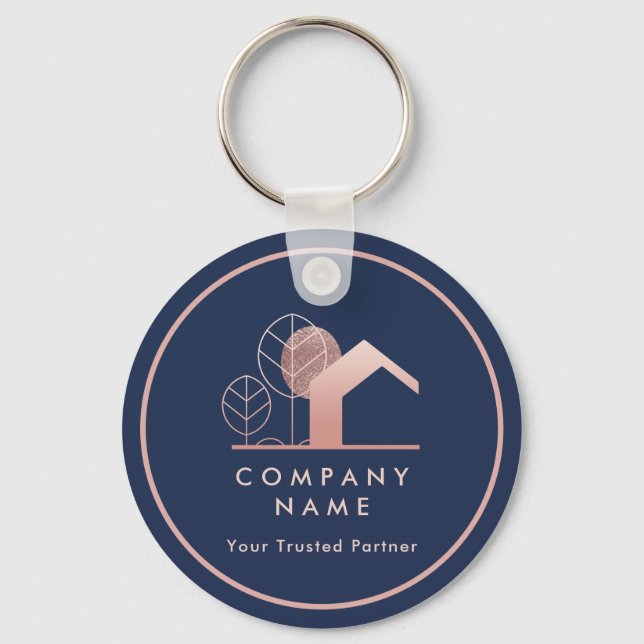Modern House Logo Navy Blue Rose Gold Qr code Keychain (Front)