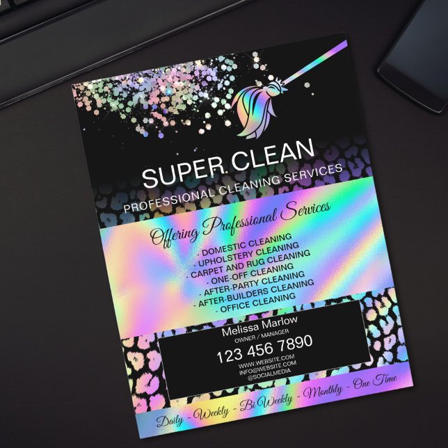 Modern Housekeeping House Cleaning Maid Janitor Flyer (holographic cleaning services leopard texture business cards)