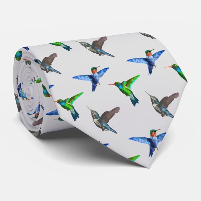 Modern Hummingbirds on Light Silver Grey Tie (Rolled)