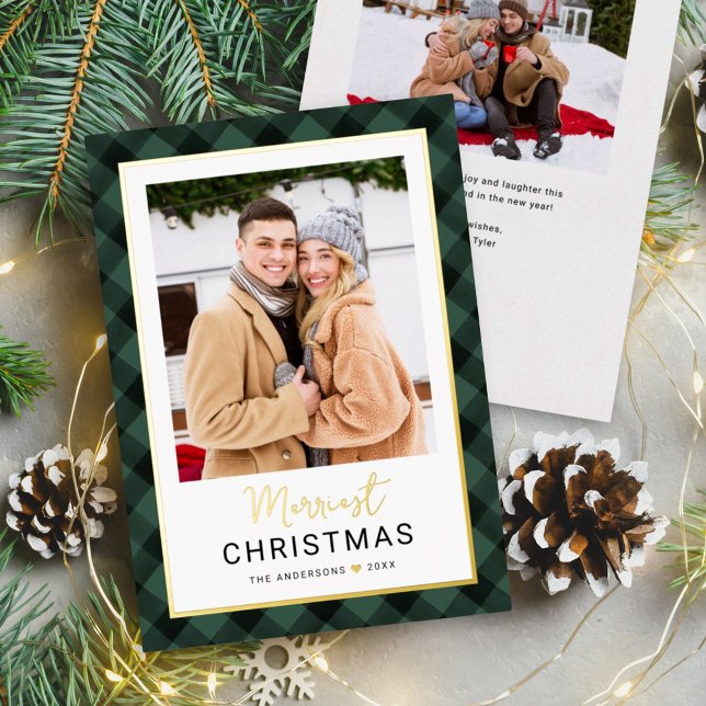 Modern Hunter Green Buffalo Plaid Christmas Photo Foil Holiday Card (Creator Uploaded)