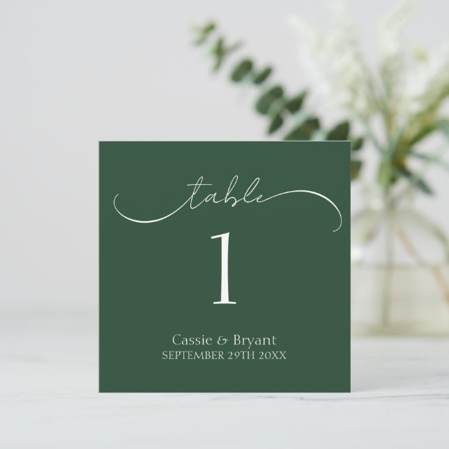 Modern Hunter Green Script Wedding Table Number (Standing Front)