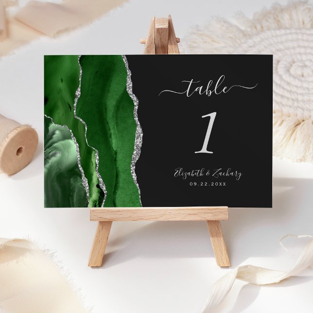 Modern Hunter Green Silver Agate Dark Wedding Table Number (Creator Uploaded)