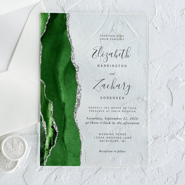 Modern Hunter Green Silver Agate Wedding Acrylic Invitations (Creator Uploaded)