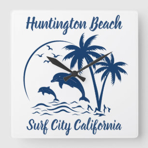 Modern Huntington Beach California Dark Blue Square Wall Clock