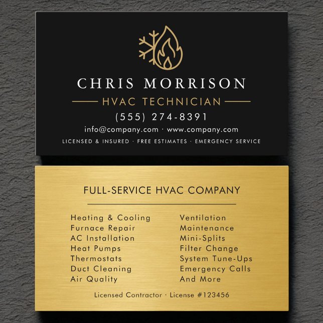 Modern HVAC Black Gold Logo Metallic Business Card (Creator Uploaded)