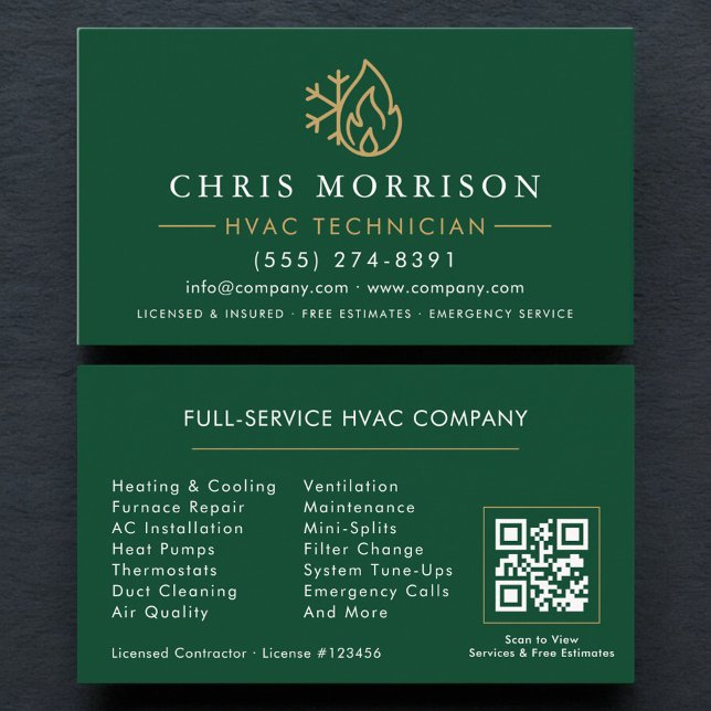 Modern HVAC Green Gold QR Code Business Card (Creator Uploaded)