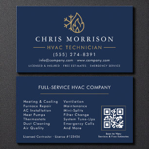 Modern HVAC Navy Blue Gold QR Code Business Card