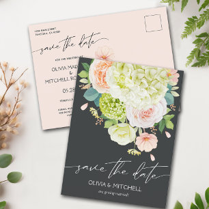 Modern Hydrangea Roses Dark Save the Date Postcard
