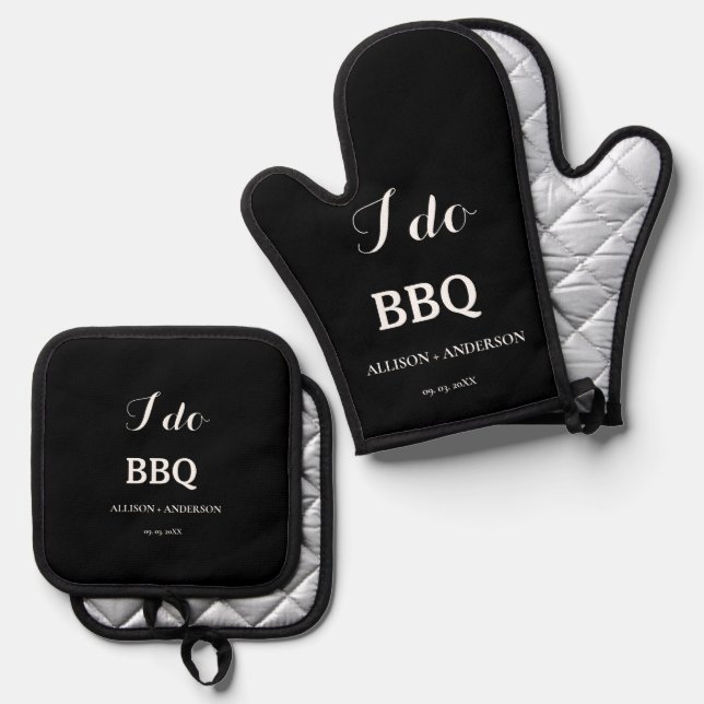 Modern i do bbq bridal shower engagement oven mitt & pot holder set (Front/Back)