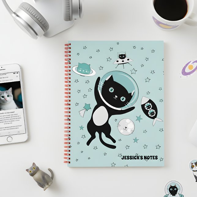 Modern I Need More Space Black Cat Cartoon Notebook (They say in space no one will hear you scream. Well that certainly does not apply here.)