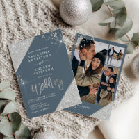 Modern Ice Blue and Silver Glitter 3-Photo Wedding