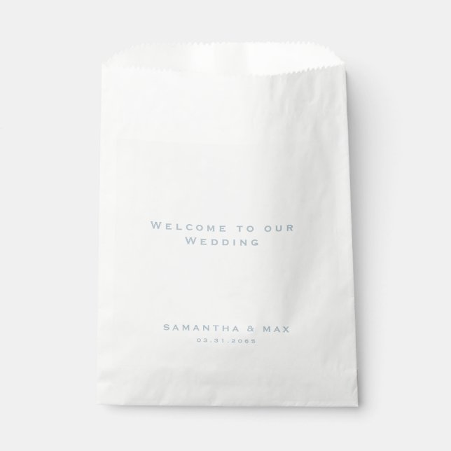 Modern Icy Blue Text White Wedding Welcome Favour Bag (Front)