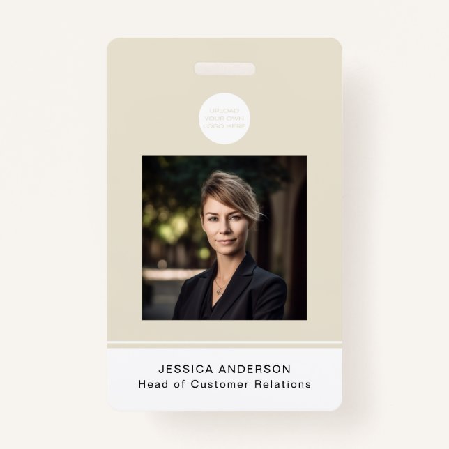 Modern ID Card Beige Minimal Logo Photo QR Code Badge (Front)