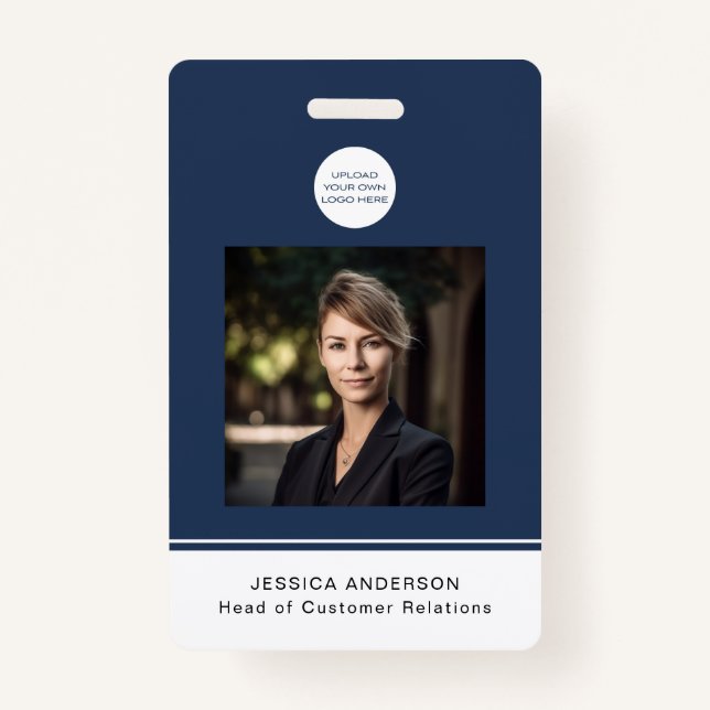 Modern ID Card Blue Minimal Logo Photo QR Code Badge (Front)