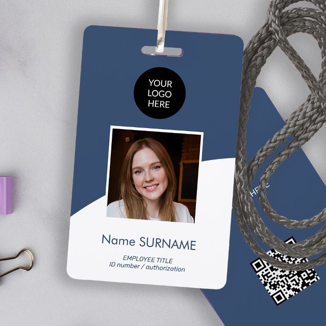 Modern ID card custom logo photo QR code navy Badge (Creator Uploaded)