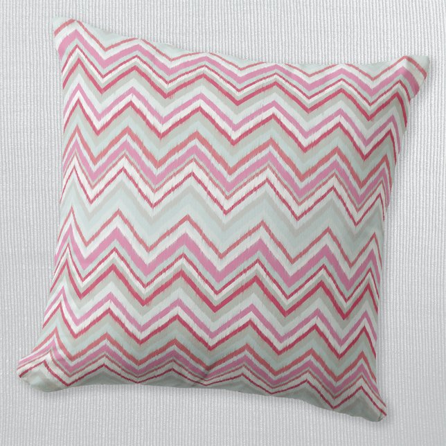 Modern Ikat Chevron Stripe Abstract Pink Green Throw Pillow (Modern pink and mint green abstract geometric Ikat chevron zigzag stripe pattern throw pillow)