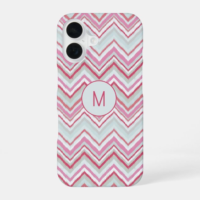 Modern Ikat Chevron Stripe Monogram Initial iPhone 16 Case (Back)