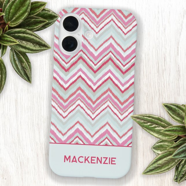 Modern Ikat Chevron Stripe Personalized Name Case-Mate iPhone Case (Personalized name modern geometric ikat zigzag chevron pattern cell phone case in mint green pink)
