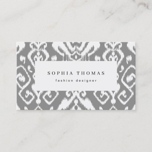 Modern ikat pattern grey professional business car business card (Front)