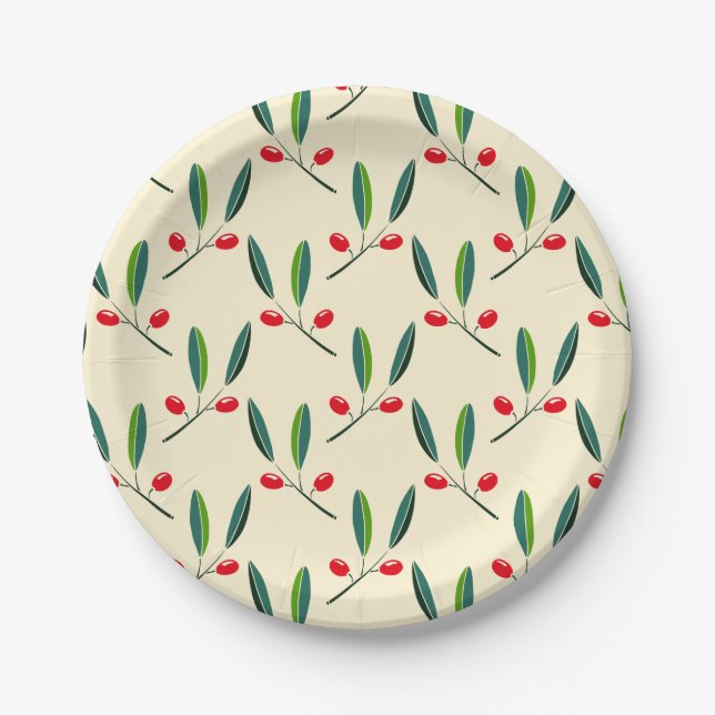 Modern Illustrated Red Berries Pattern Paper Plate (Front)