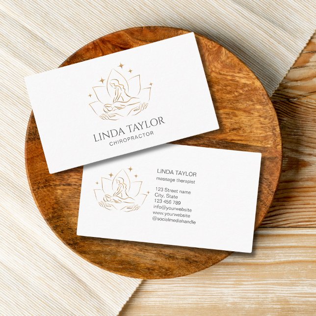 Modern Illustration Massage Therapist Business Car Card (gold lotus and hands massage practitioner)