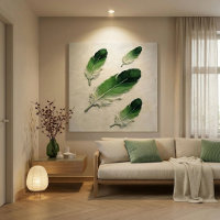 Modern Impasto Textured Green Feather Oil Art