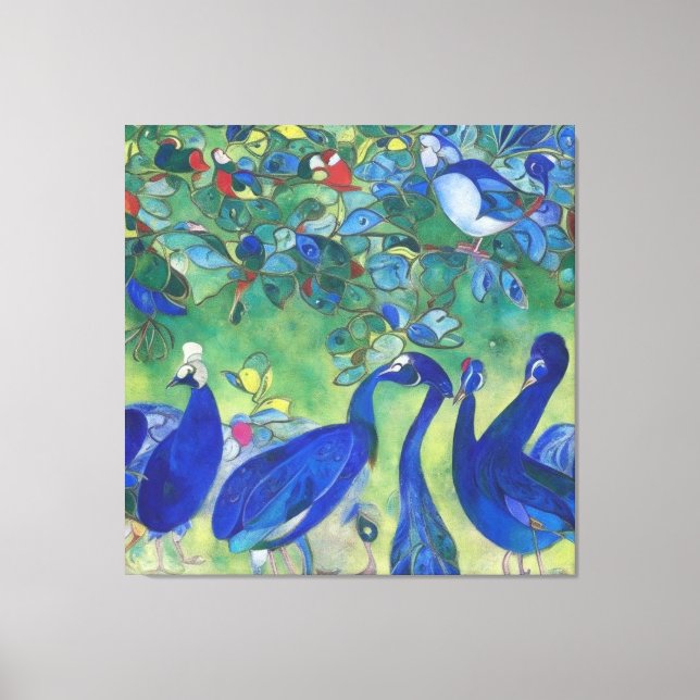 Modern Impressionist Blue Peacocks on Canvas (Front)