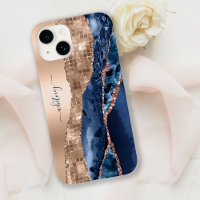 Modern Indigo Blue Agate & Rose Gold Confetti Leaf