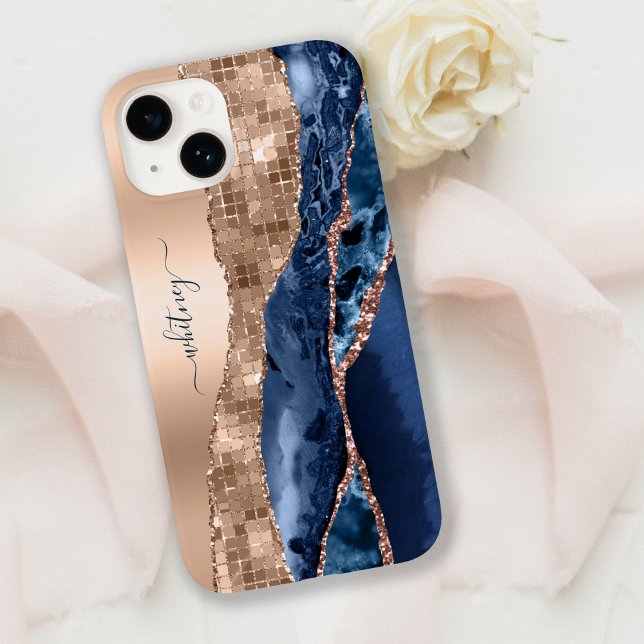 Modern Indigo Blue Agate & Rose Gold Confetti Leaf Case-Mate iPhone Case (Creator Uploaded)