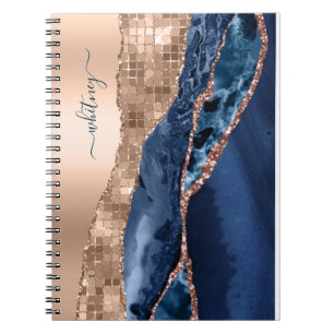 Modern Indigo Blue Agate & Rose Gold Confetti Leaf Notebook