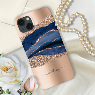 Modern Indigo Blue Agate & Rose Gold Glitter iPhone 13 Case